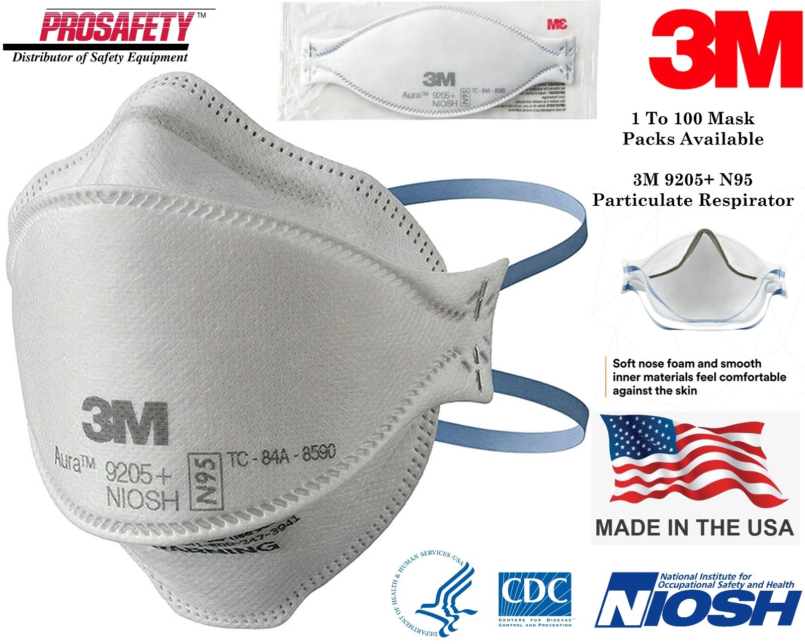 NEW! 3M 9205+ AURA N95 NIOSH Particulate Respiratory Protection MASKS USA MADE