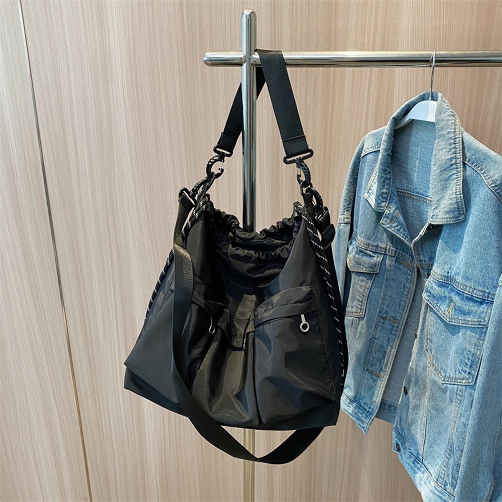Functional Nylon Shoulder Bucket Bag with Drawstring and 3 Small Pockets