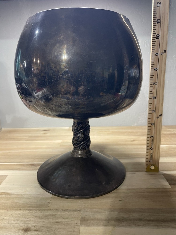 Silver Plated Pedestal Bowl Or Goblet Stem Has Raised Leaf & Grape Design Large