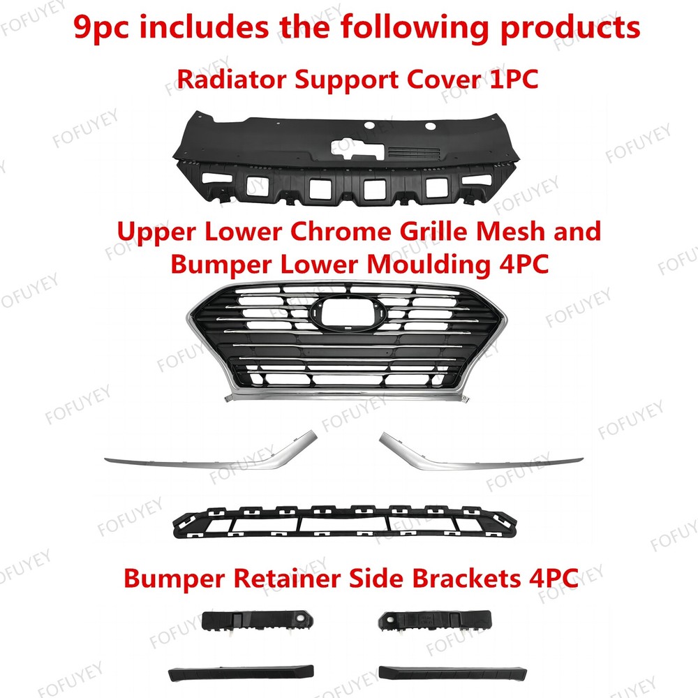 9PC For Sonata 2018-2019 Front Radiator Support Cover Grille Mesh Bumper Bracket