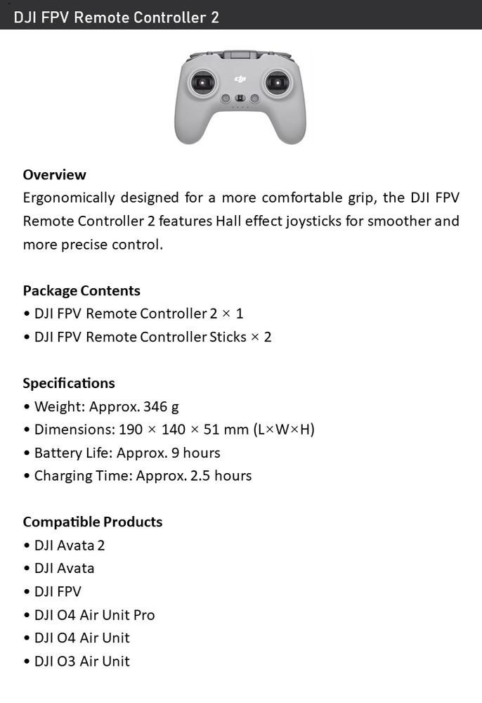 DJI FPV Remote Controller 2 –Hall Effect Joysticks, 9hr Battery, For Multi-Drone
