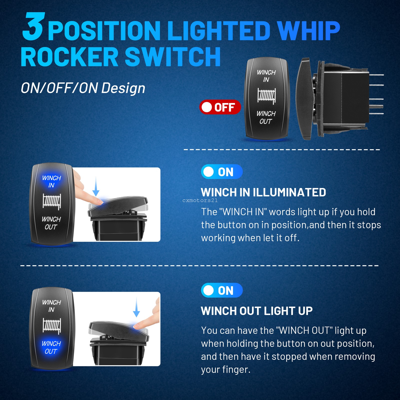 Backlit Winch Control Rocker Switch for Can-am Polaris Honda Kawasaki UTV 12V