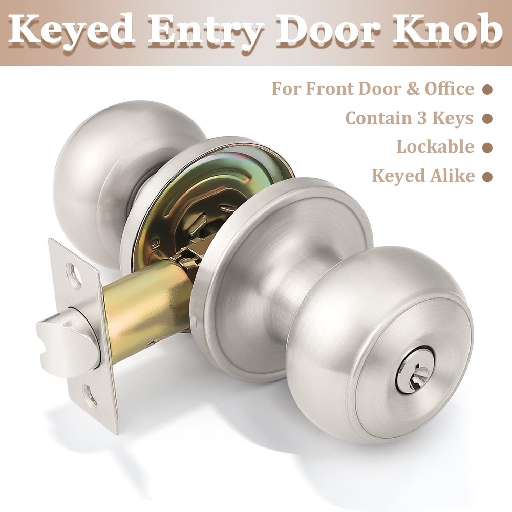 Probrico (6 Pack) Satin Nickel Round Entry Door Knobs Keyed 6,