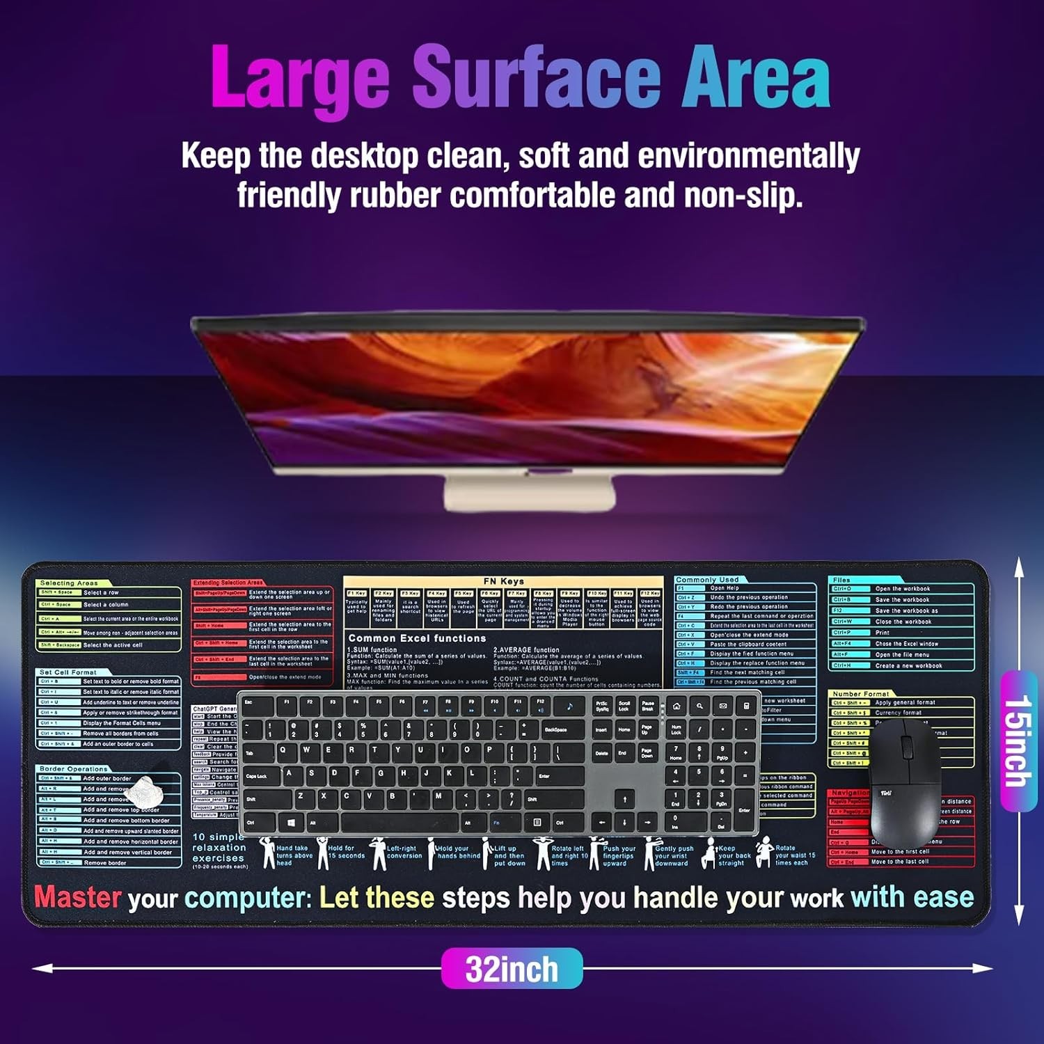 Excel Cheat Sheet Desk Pad Mat (11.8X31.5In) - XL Excel Formulas Shotcuts Mouse