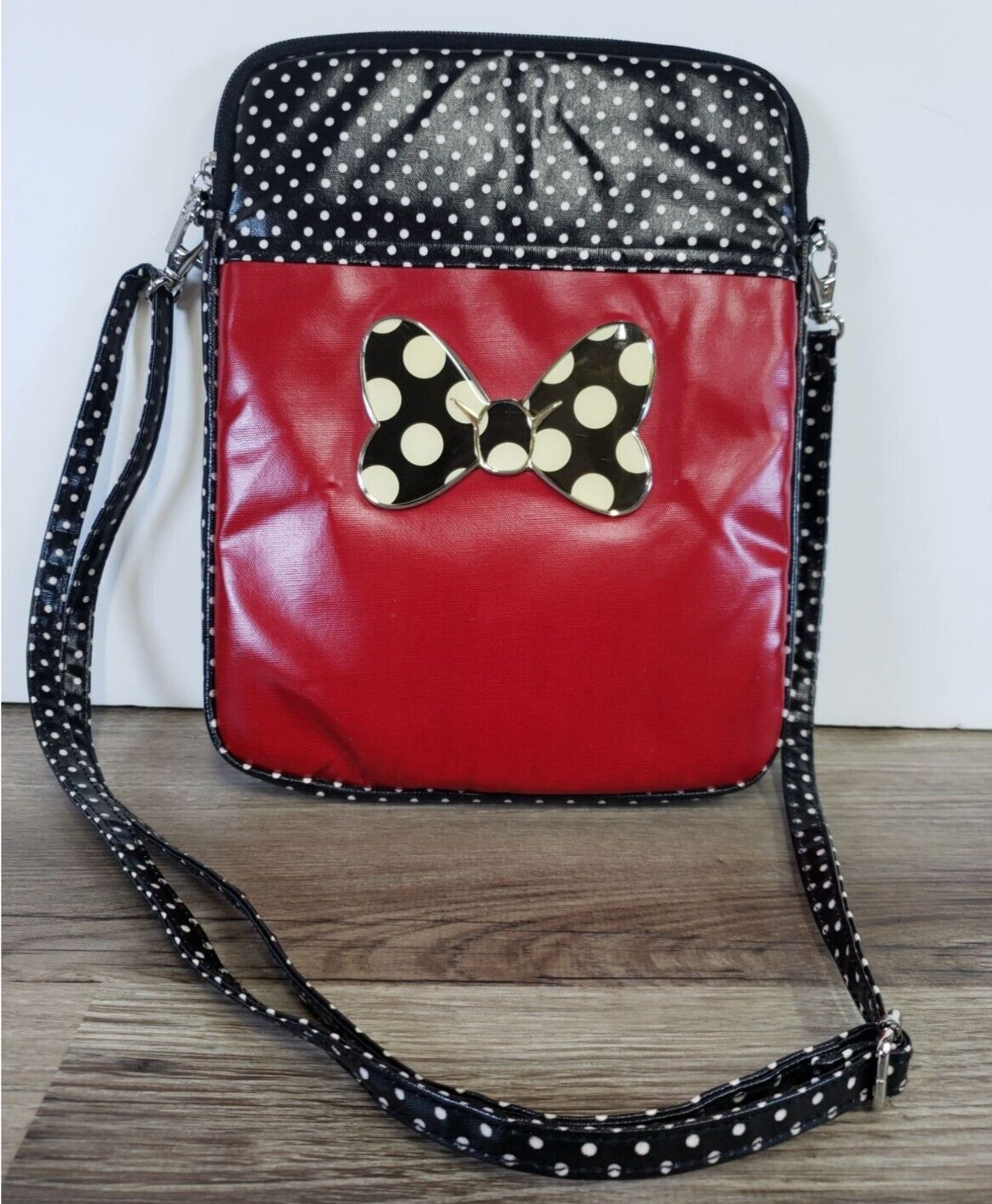DISNEY MINNIE MOUSE Polka Dot Crossbody Bag Bow Detail RED BLACK RETRO STYLE