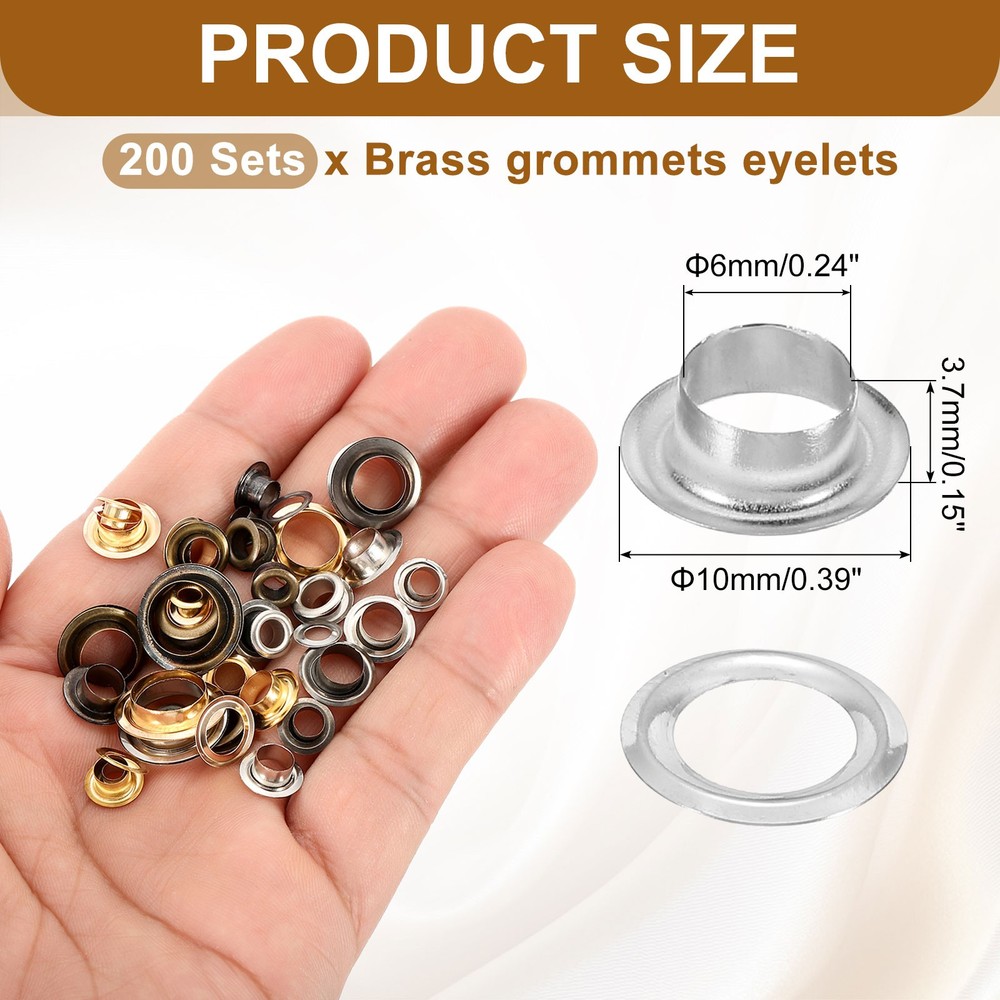 200 Sets Grommets Eyelets, 6mm Brass Self Backing Eyelets, Silver Tone
