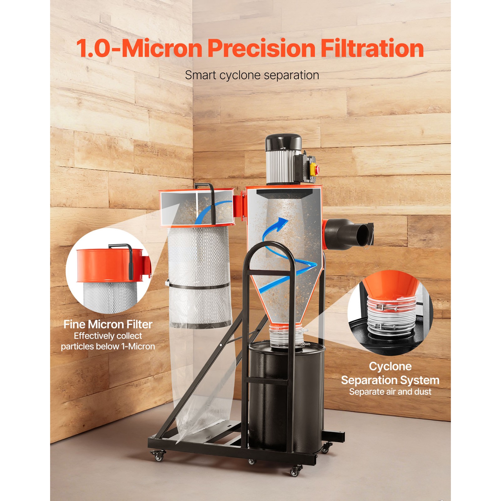 Uimoso 1.5HP Dust Collector with 763 CFM and 3400 RPM Vortex Cone System