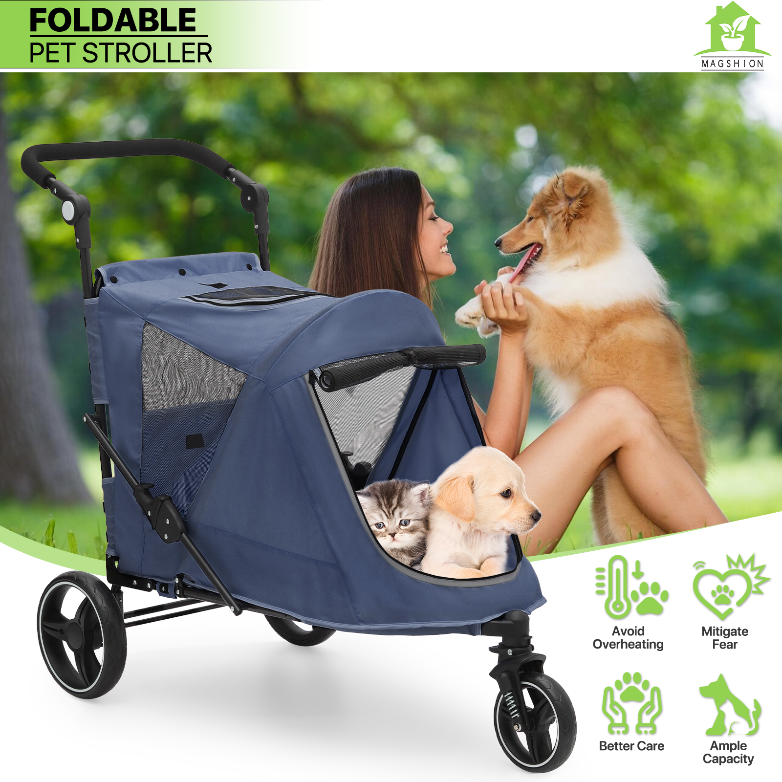 Folding Dog Stroller Blue Portable Pet Travel Carrier Cart w/Foot Activated Lock