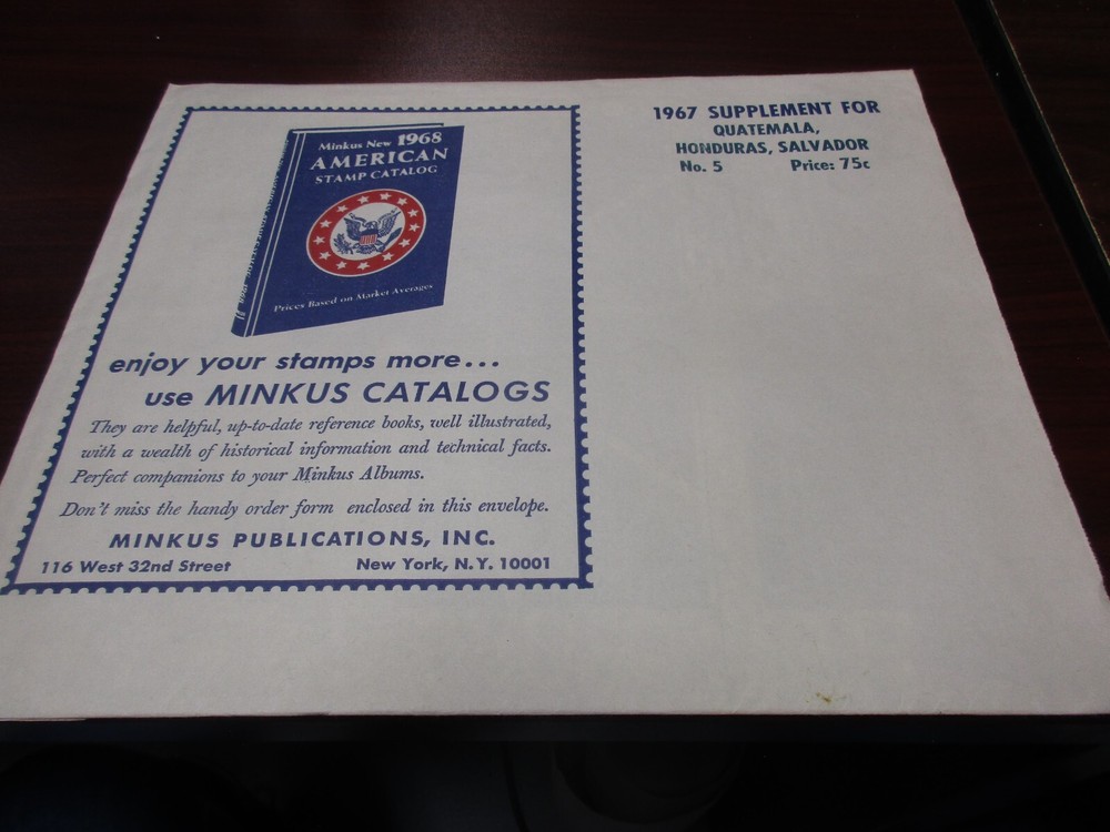 "MINKUS" STAMP ALBUM  1967 SUPPLEMENT, GUATEMALA, HONDURAS, SALVADOR  FREE SHP.