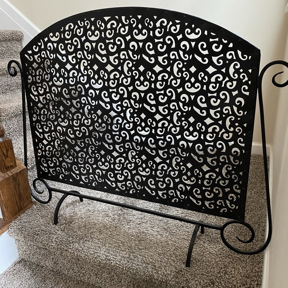 Gothic Arched Black Rustic Pierced Metal Single Panel Fireplace Screen