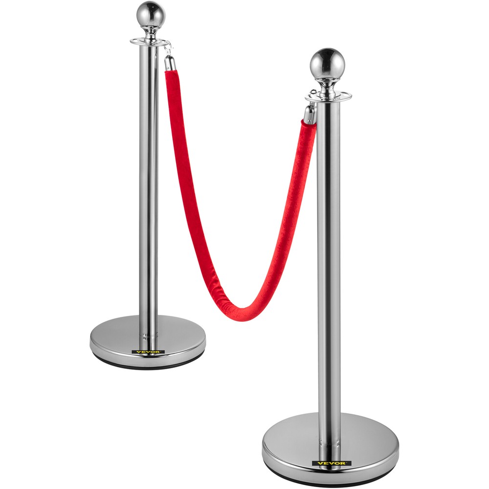 4PCS Stanchion Posts Silver Queue Pole with 3 Velvet Ropes Crowd Control Barrier