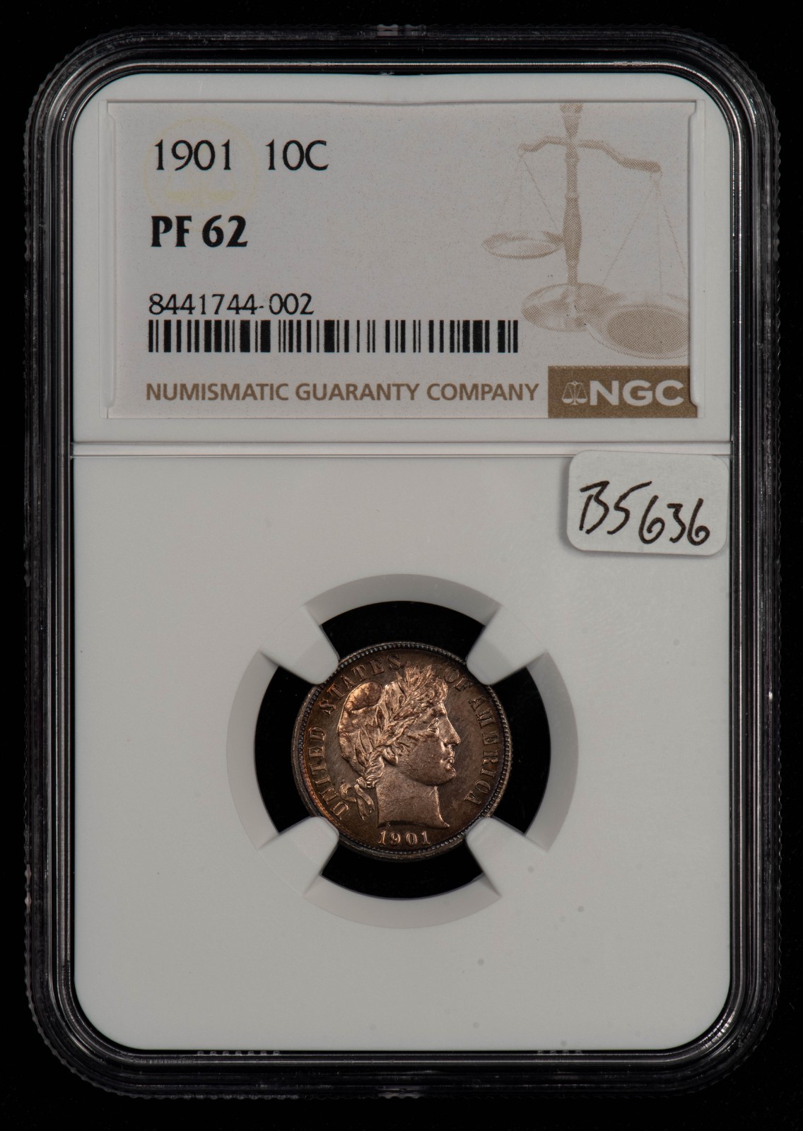 1901 10c Silver Barber Dime Proof Coin - Rainbow Rim Toning - NGC PF 62 - B5636