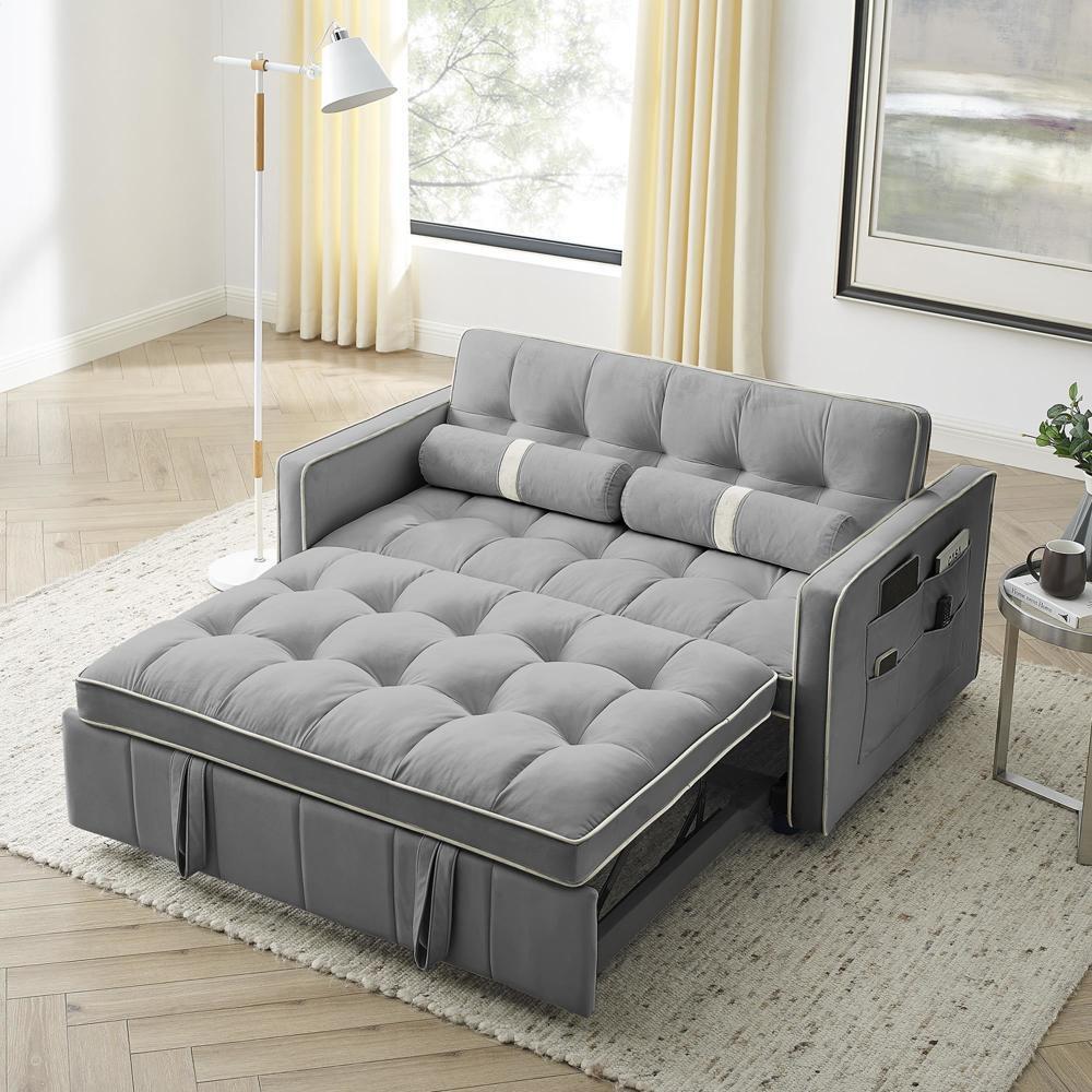 55.5" Pull Out Sleep Sofa Bed 2 Seater Adjsutable Backrest and Lumbar Pillows