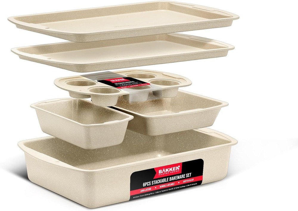 Bakken Swiss - Bakeware Set – 6 Piece – Stackable, 6 Set, White Marble