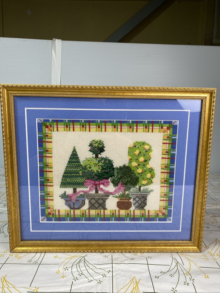 Needlepoint Topiaries Trees Framed Embroidery 2008 Excellent Condition