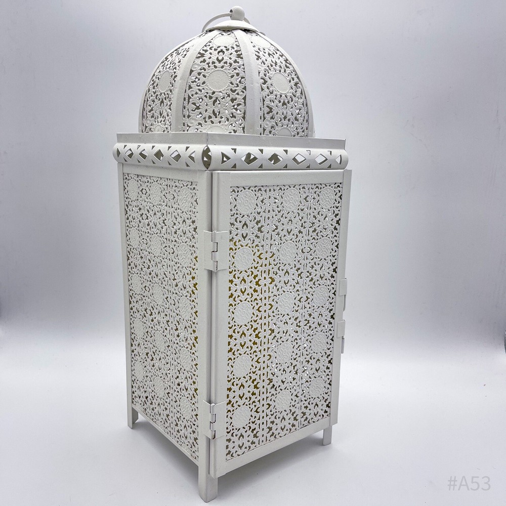 Oriental Lantern Windlight With Pattern & LED Block Candle, White, 37 cm