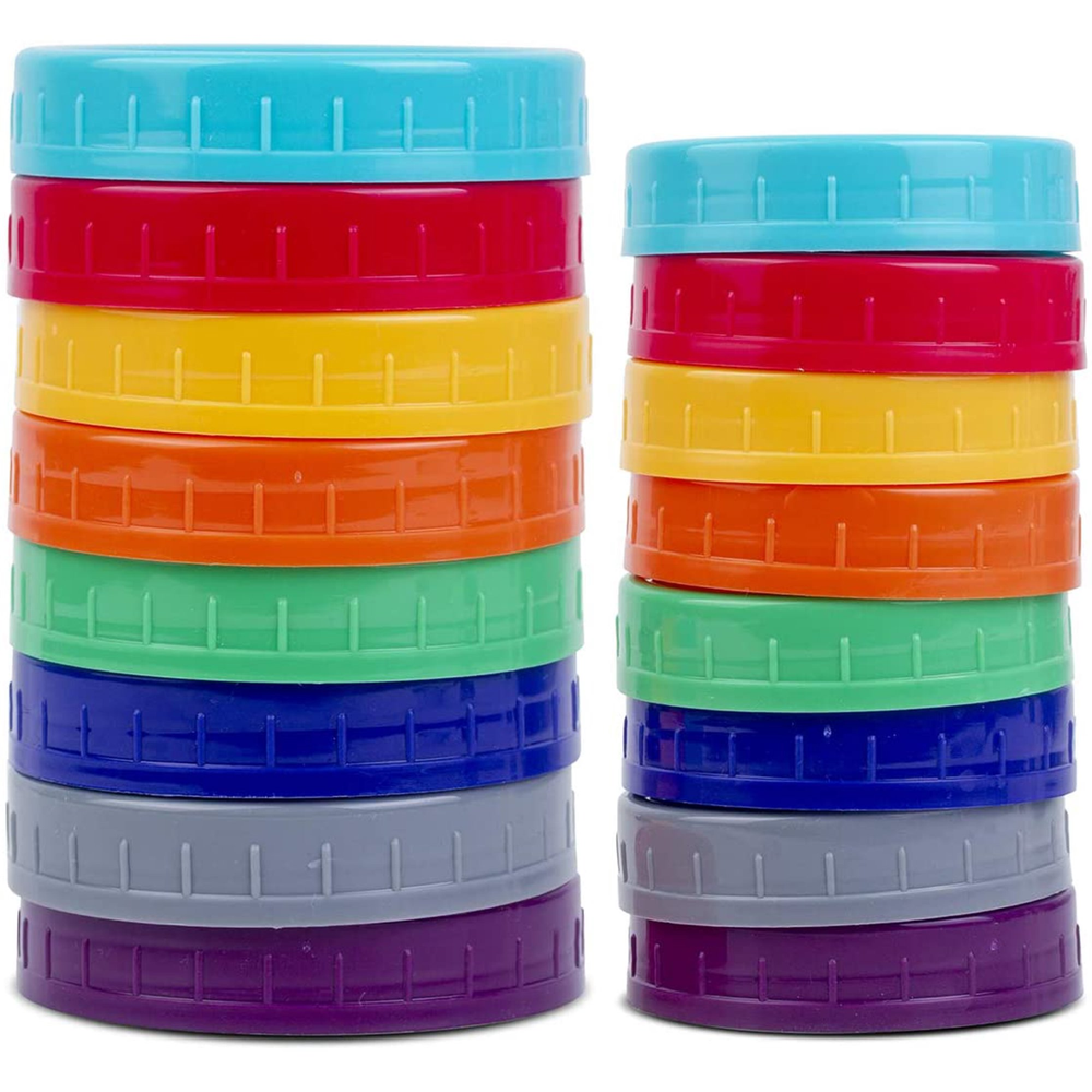 Sensible Needs 16 Pack Colored Plastic Storage Lids Mason Jar 8 Regular &Wide