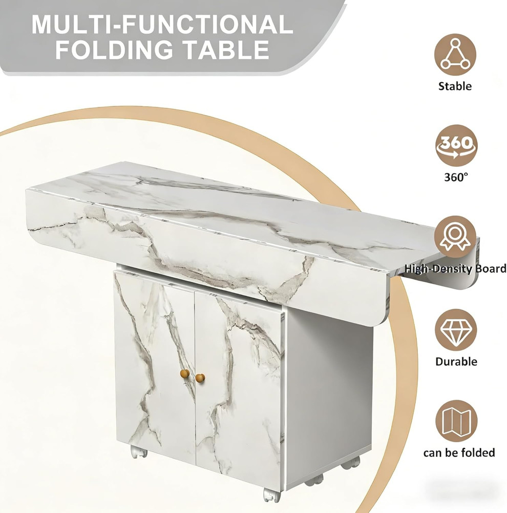 47" Rolling Kitchen Island with Storage & Drop Leaf - White Marble Top