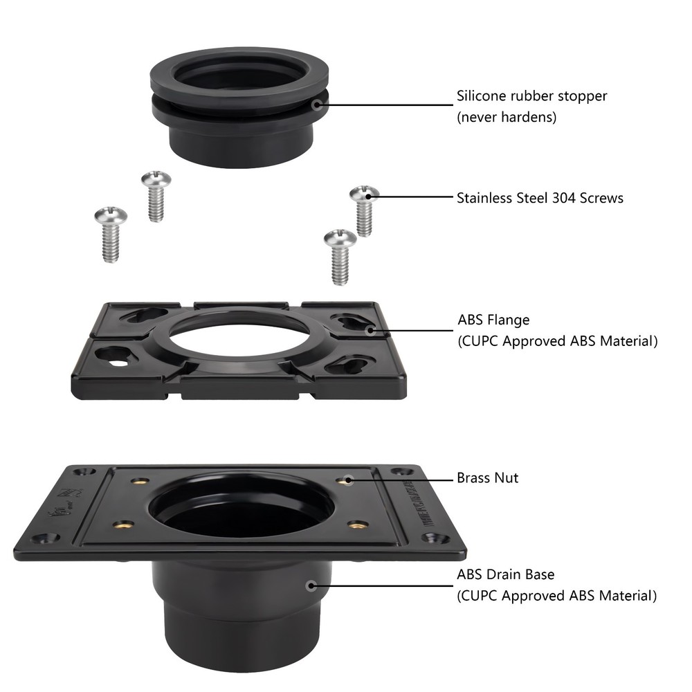 ABS Rectangular Shower Drain Base Fits 2 or 3 Inch Pipe for Bathroom Floor