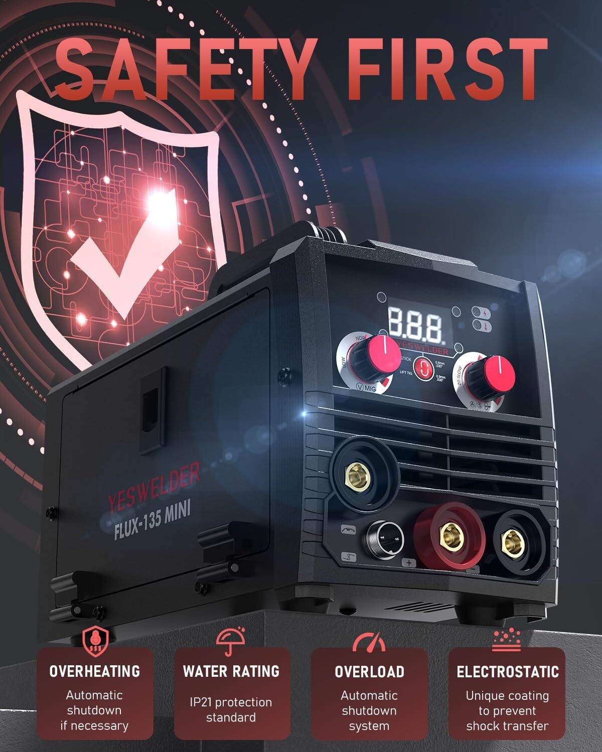 135Amp MIG Welder,110V Flux MIG/Lift TIG/Stick 3-in-1 Welding Machine