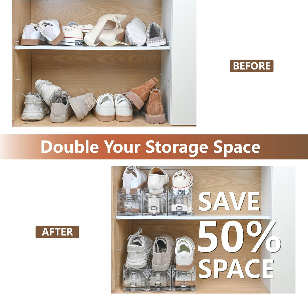 24-Pack Clear Shoe Organizer - Space-Saving Adjustable Stacker for Closets