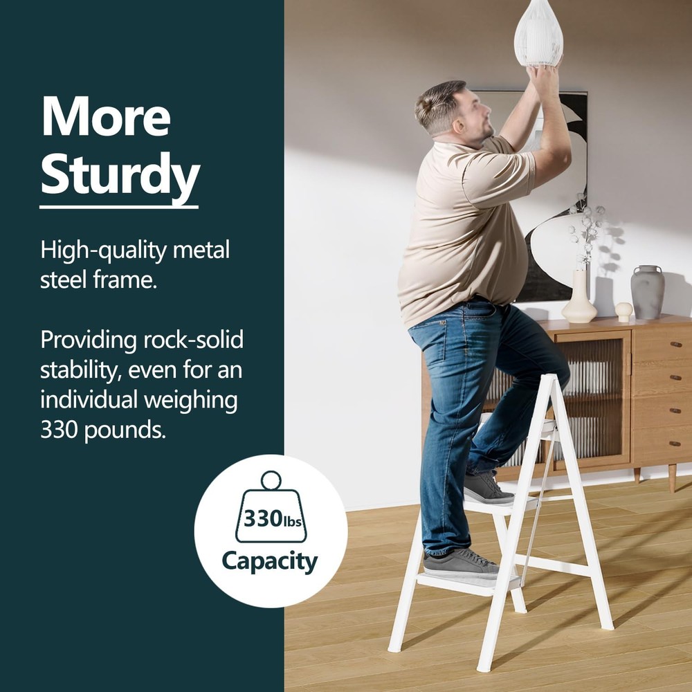 3 Step Ladder, Folding Step Stool with Wide Pedals, Compact Stepping Stool fo...