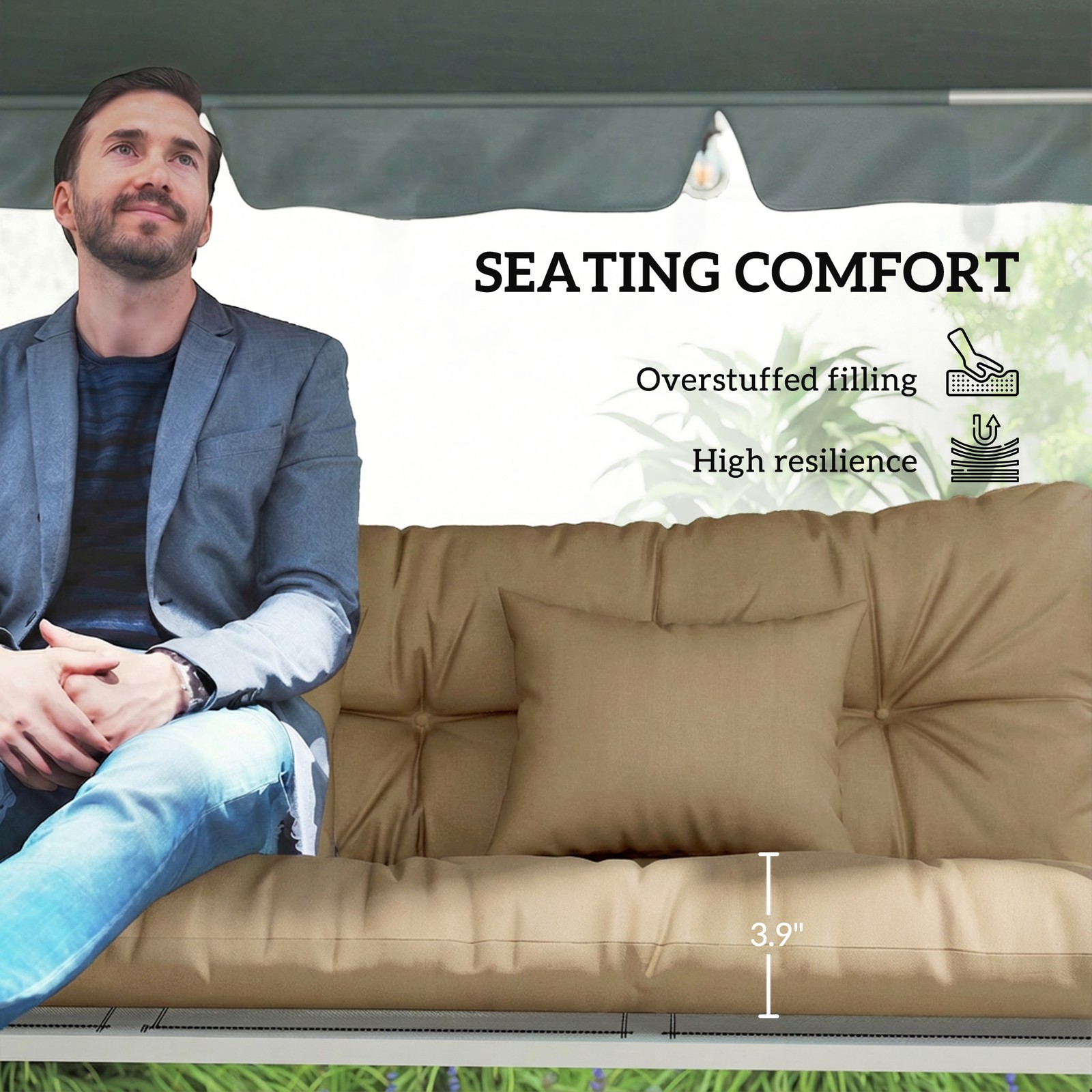 Indoor Outdoor Chair Cushions with Back, Pillows, Ties, for Garden, khaki