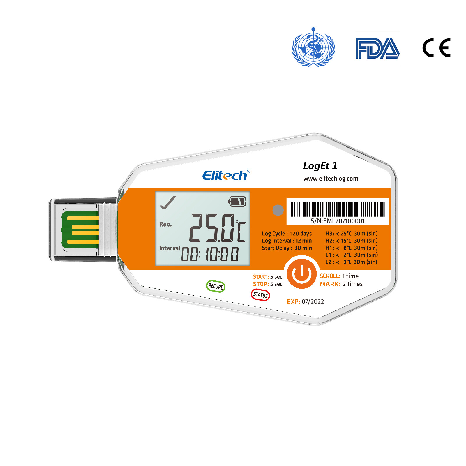 Elitech LogEt 1 Temperature Data Logger Single Use PDF Report USB 16000 Points