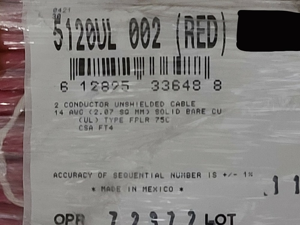 Belden Wire 5120UL 14/2C Solid Riser Security/Fire Alarm Cable FPLR Red /100ft