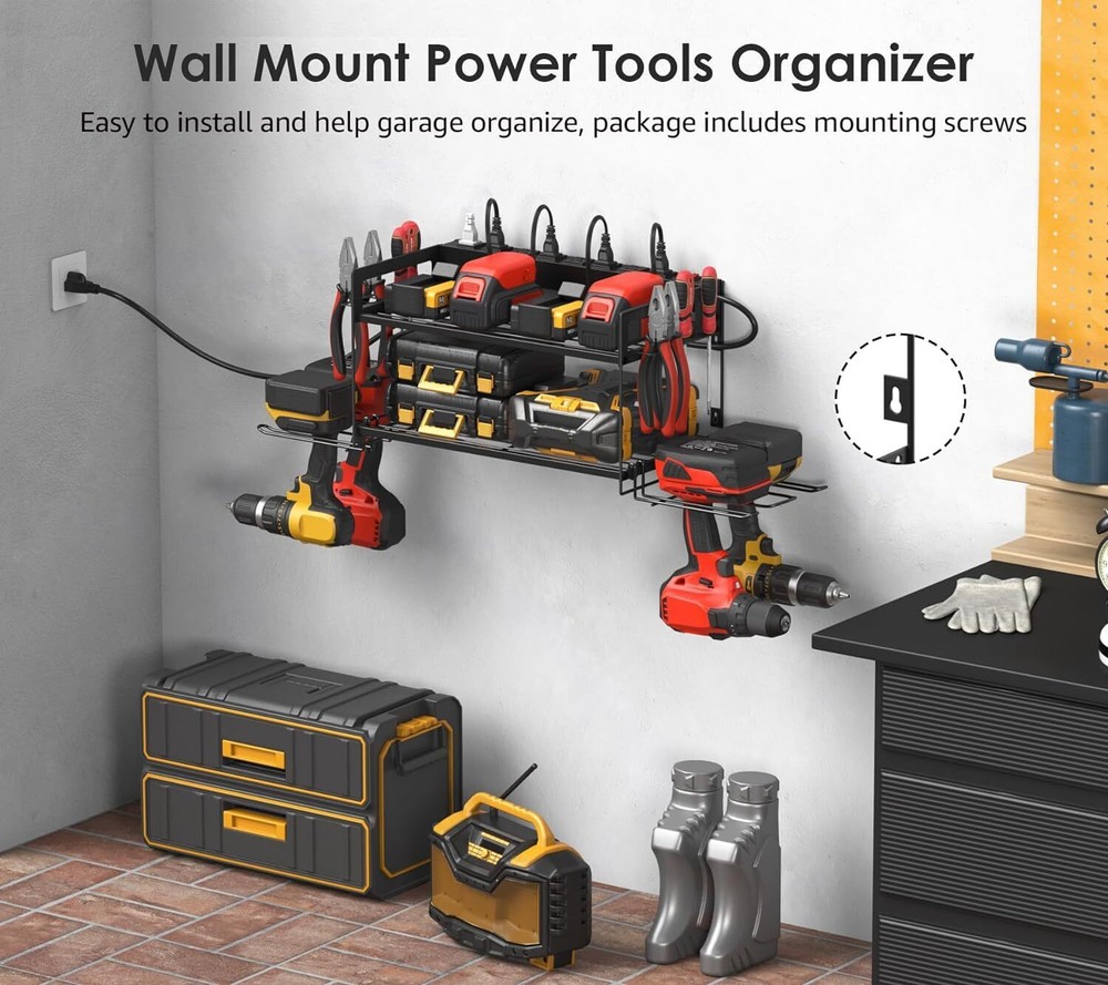 Garage Tools Storage Power Tool Battery Organizer Utility Shelf with Power Strip