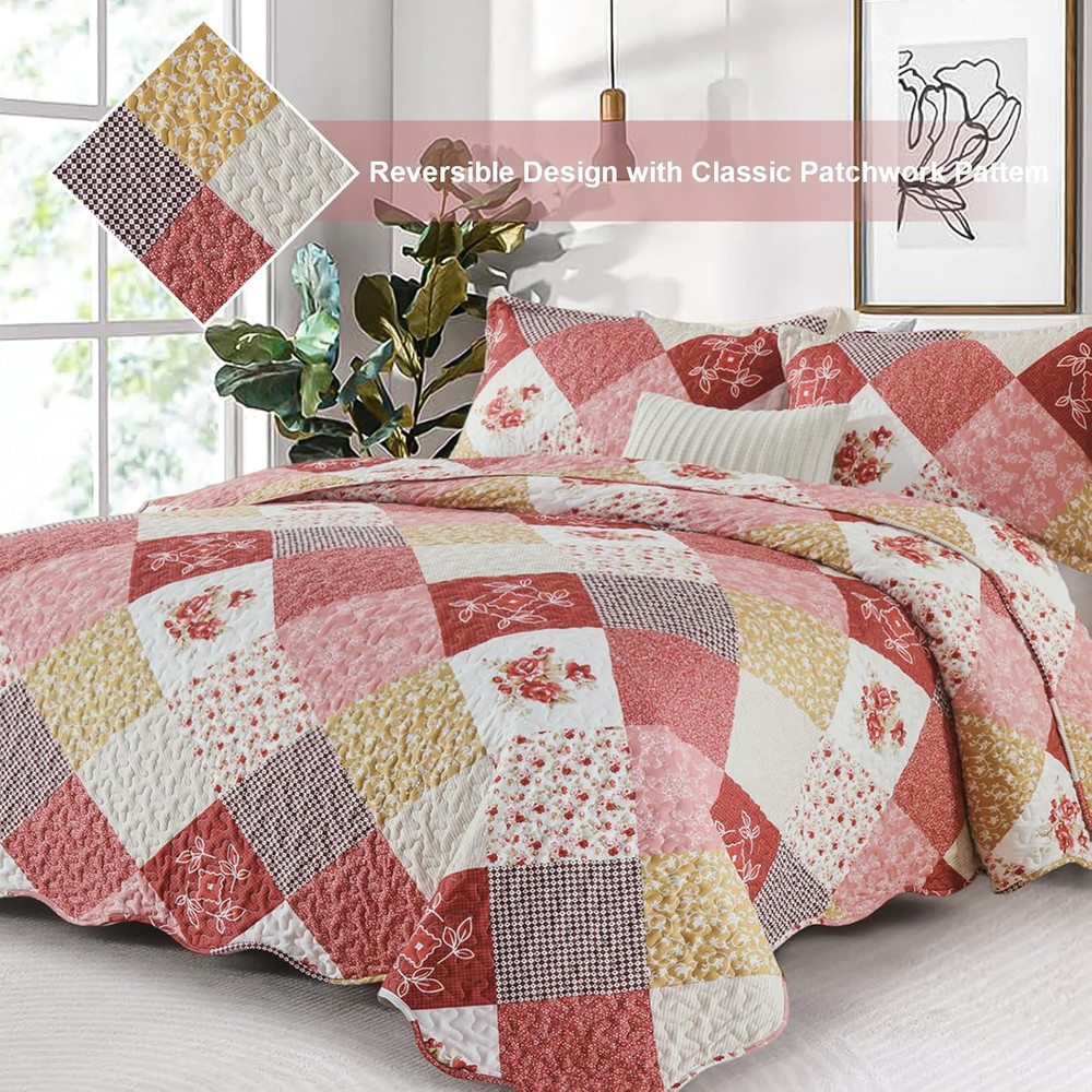 Romantic Pink Quilt Set Queen Size, Reversible Floral Plaid Patchwork Pattern Be