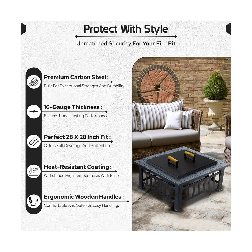 Febtech -28" Square Fire Pit Snuffer Lid - Carbon Steel FirePit Pan Lid for 2...