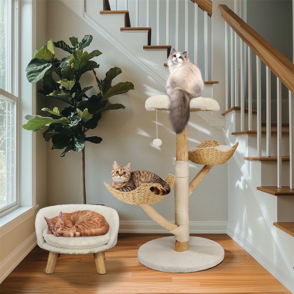 Solid Willow Wood Cat Tree w/ Soft White Bed & Scratching Post for 3 Large Cats