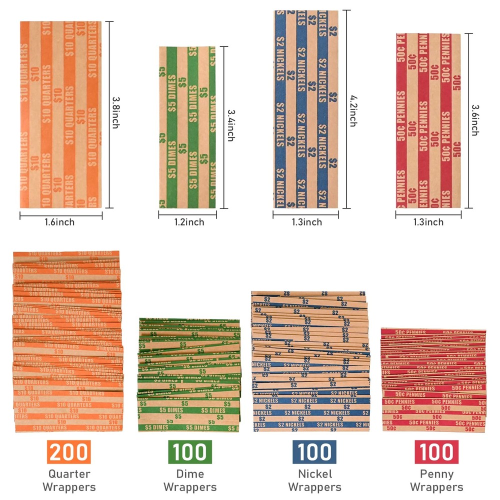 500 Assorted Coin Wrappers Flat Coin Roll Wrappers Pack