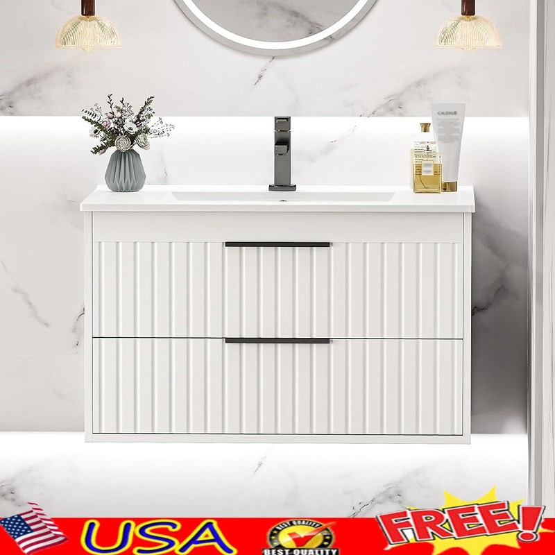 Wall-Mounted Bathroom Vanity Cabinet W/ Quiet Drawer System & Ample Storage New