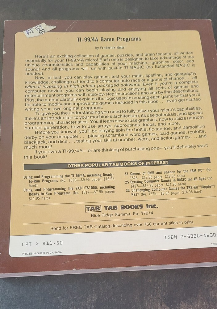 Vtg 1983 TI-99/4a GAME PROGRAMS Reference Book Manual HOLTZ PC Texas Instruments