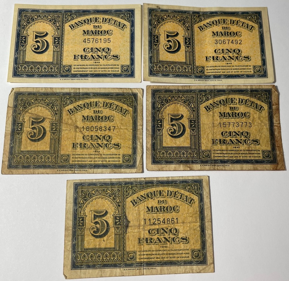 Morocco 1943 5 Francs (#430) Mixed grades .