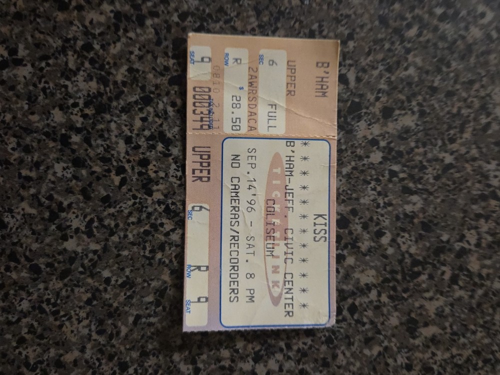 Kiss Ticket Stub From September 14, 1996 In Birmingham, Alabama