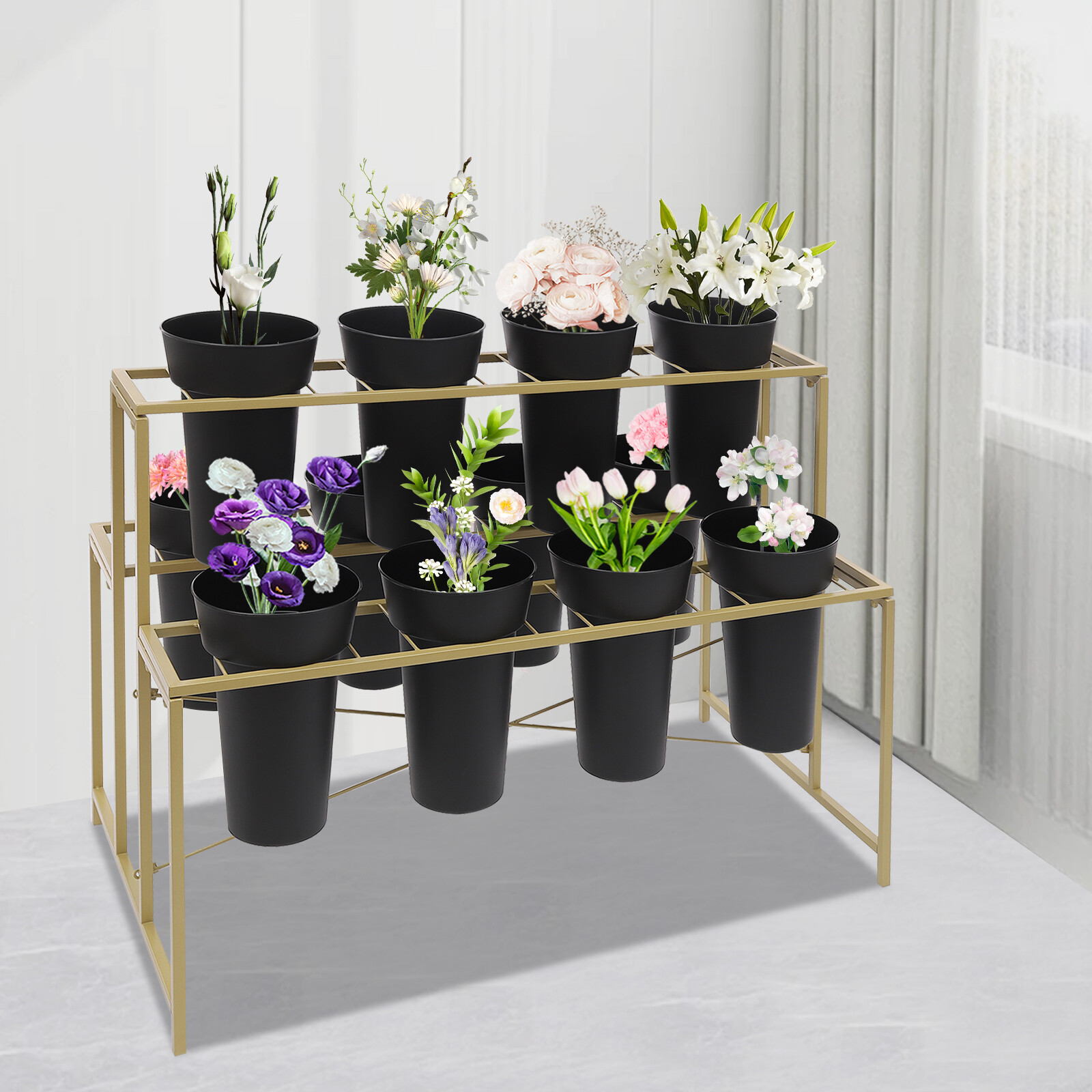 Flower Display Stand with 12 Pcs Buckets, 3 Tier Metal Stand, Indoor & Outdoor