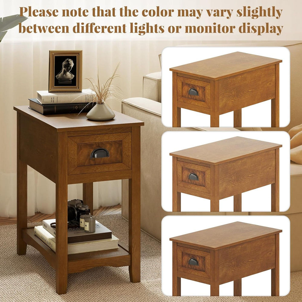 End Table with Drawer, Retro Narrow Side Table, Nightstand with Solid Wood & Sto