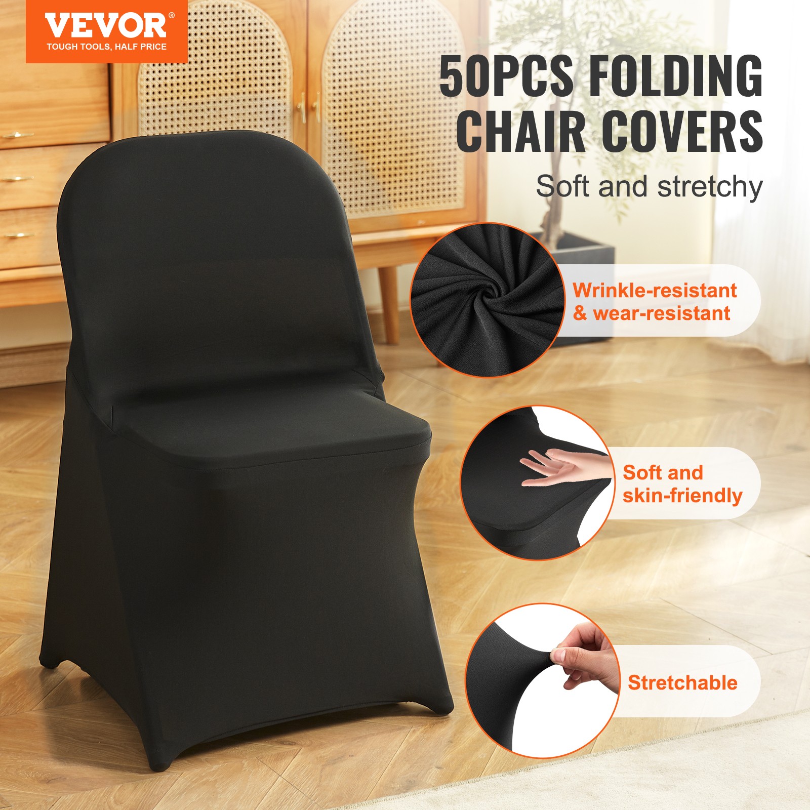 VEVOR 50PCS Black Stretch Spandex Folding Chair Covers for Wedding Party Dining