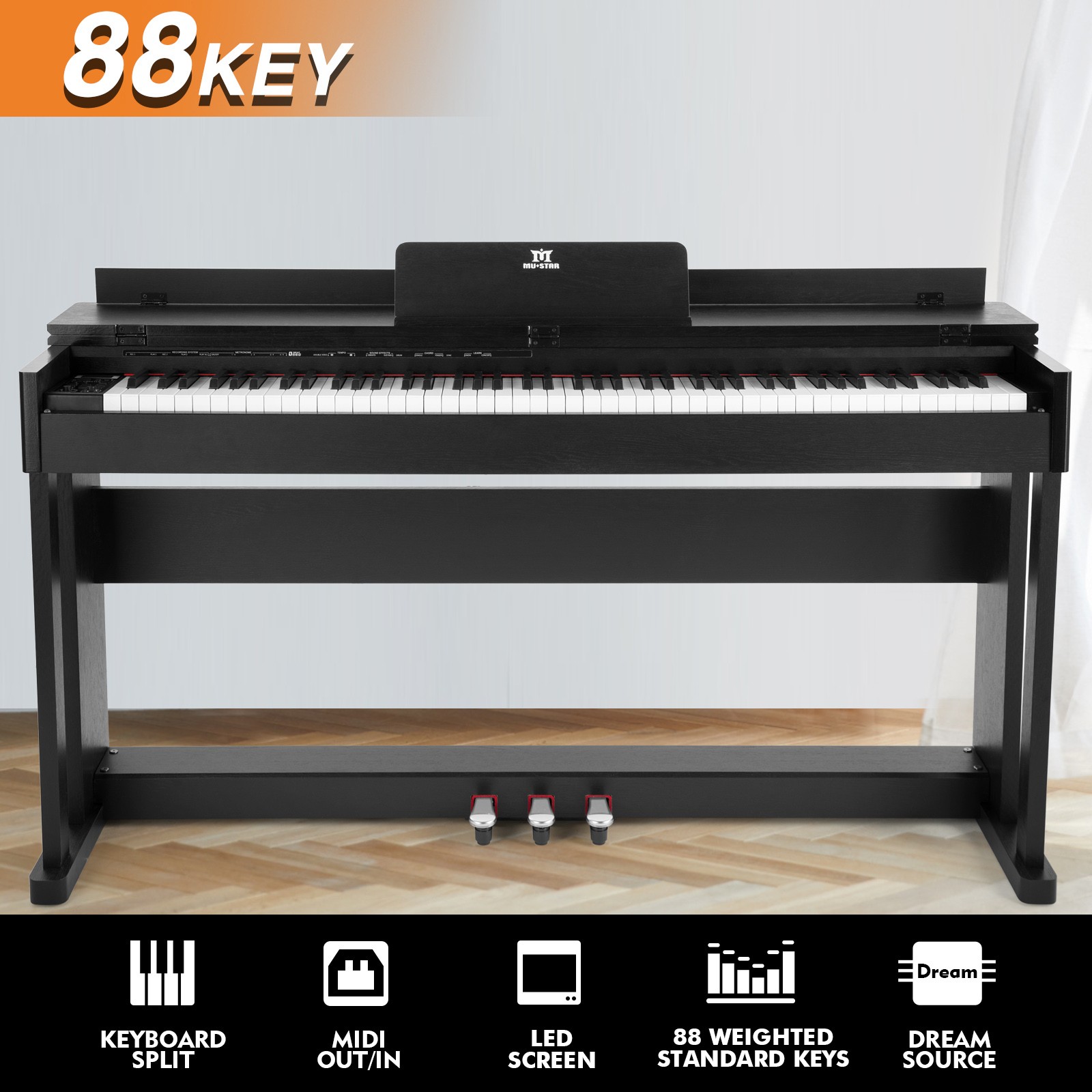 Black 88Key Full Size Weighted Hammer Action Digital Piano Keyboard with 3-Pedal