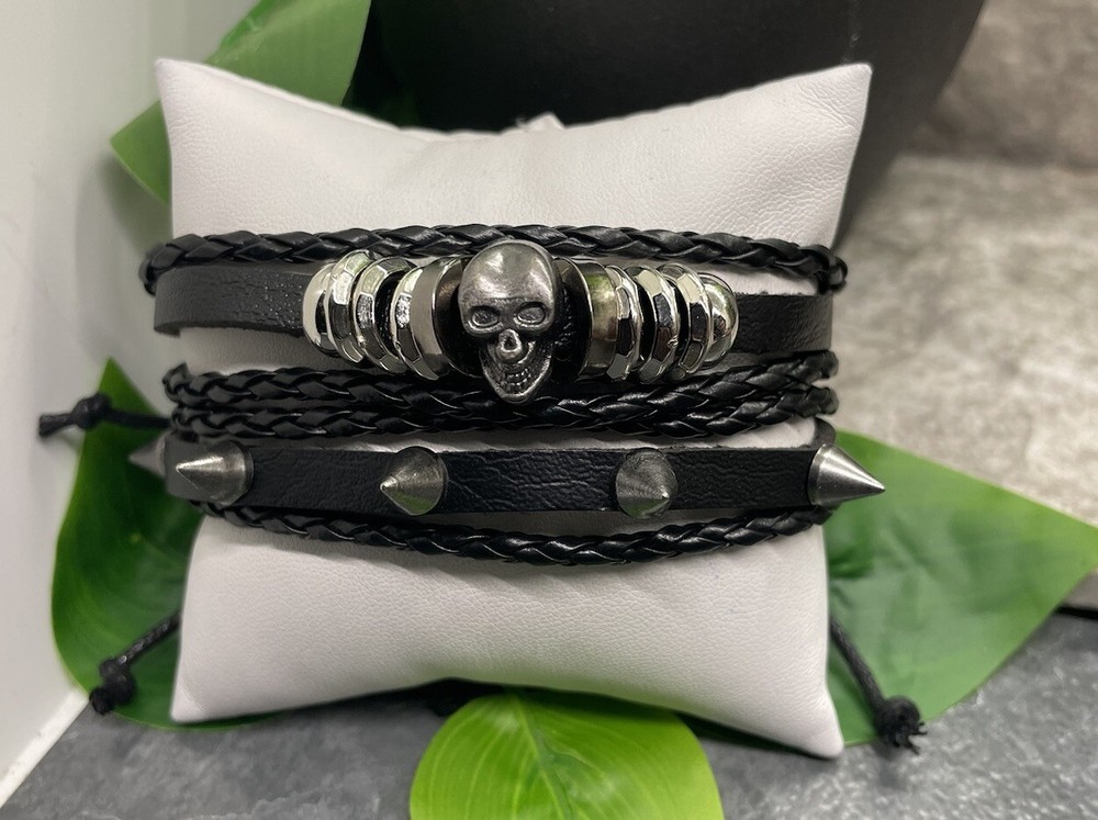 2 PC Leather Bracelet  Stackable Adjustable Tie Free Ship Skull B3276