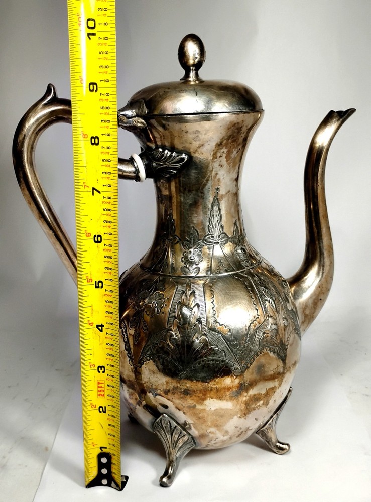 Old Vintage Ornate Silver Plated Teapot Tarnished Engraved Unique Designs