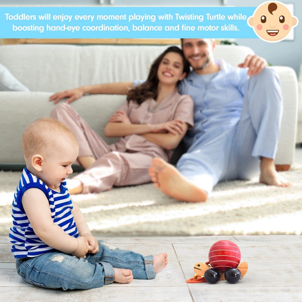 Whimsical Wooden Twisting Turtle Pull Toy – Solid Wood Baby Pull Toy with