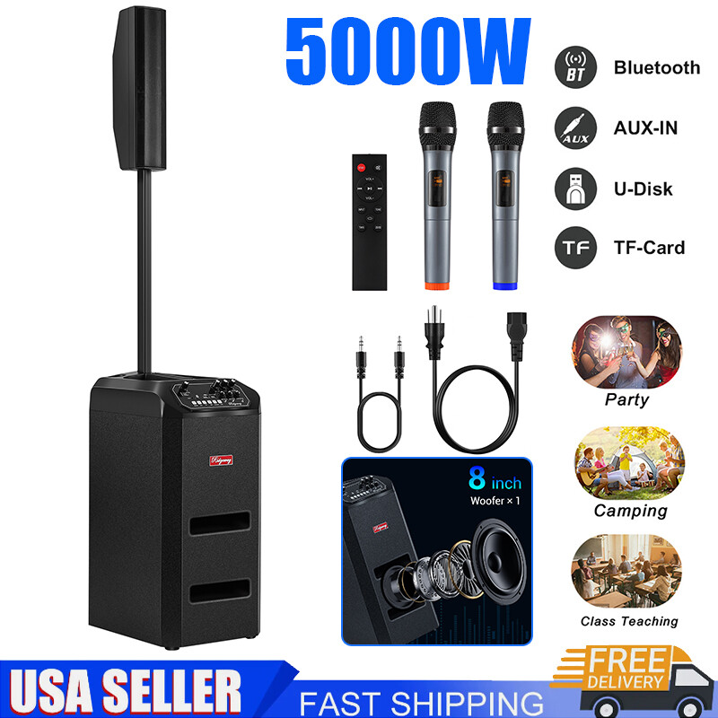 5000W 8"Portable Bluetooth Line Array DJ/PA Speaker System w/2 Wireless Microphe