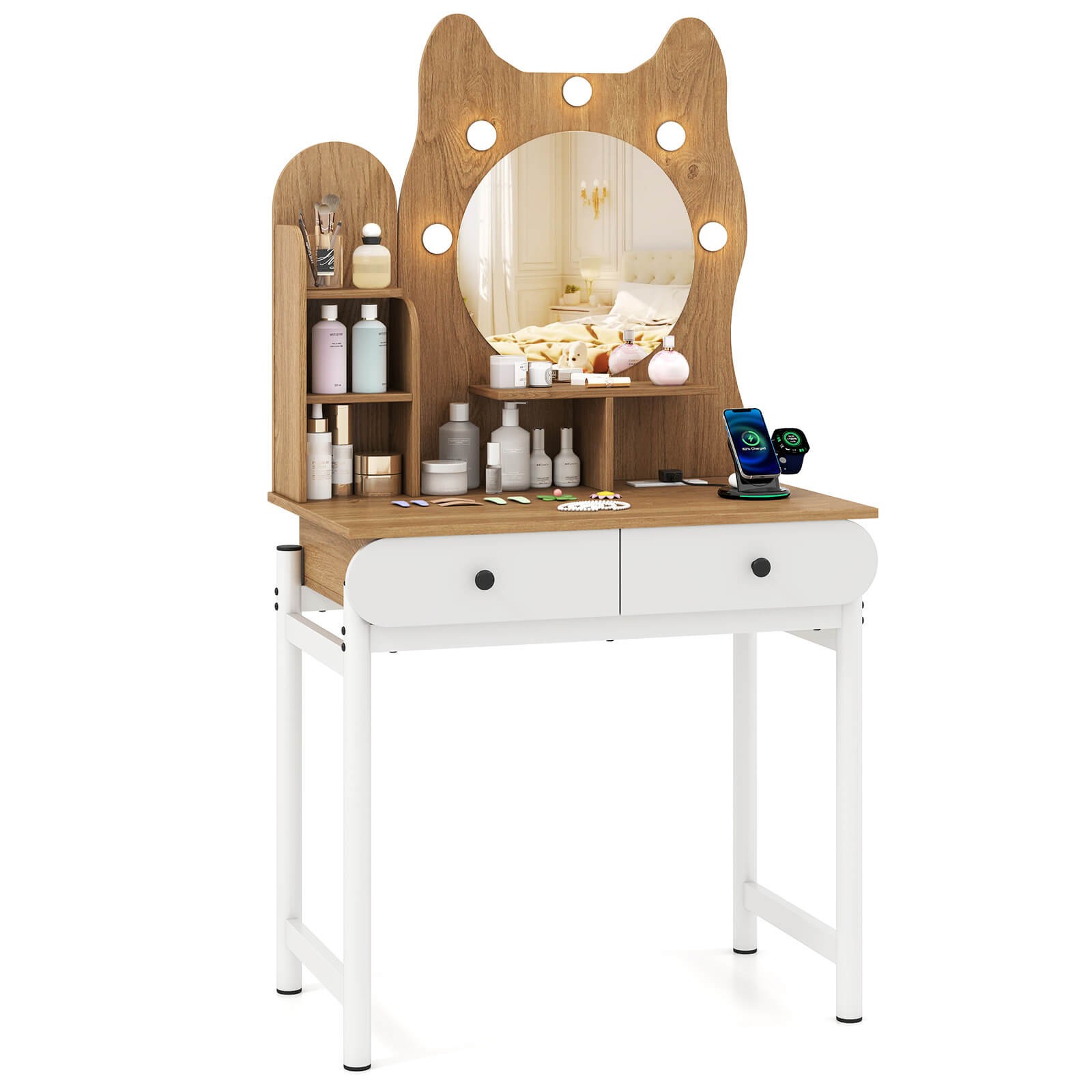 Small Vanity Desk with Mirror and Lights Cute Kitty Makeup Table w/Power Outlets