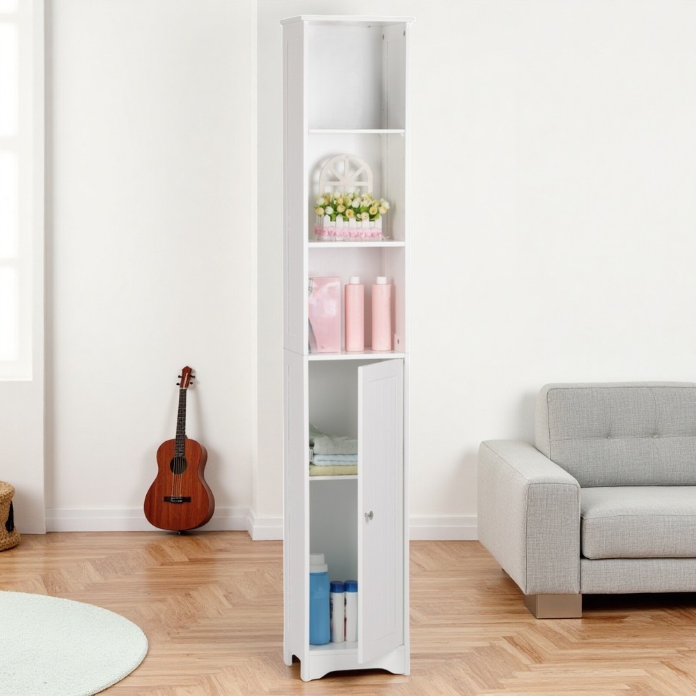 5-Tier Storage Cabinet - White, MDF, Adjustable Shelves Storage & Narrow