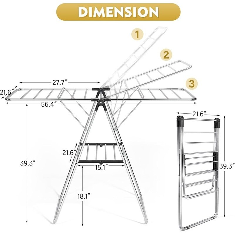 Clothes Drying Rack Clothing with Height-Adjustable Foldable Gullwings Laundry