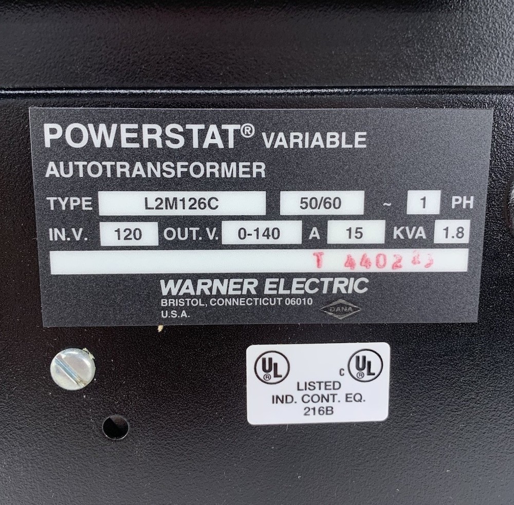 Warner Electric L2M126C Powerstat Variable Autotransformer - Tested